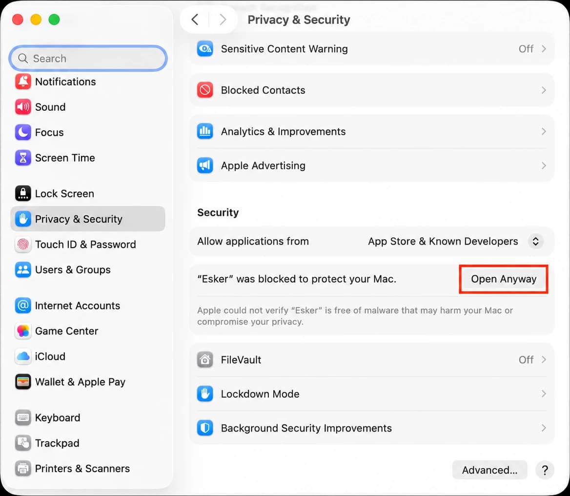 Privacy & Security showing the Open Anyway button for Echoes of Esker