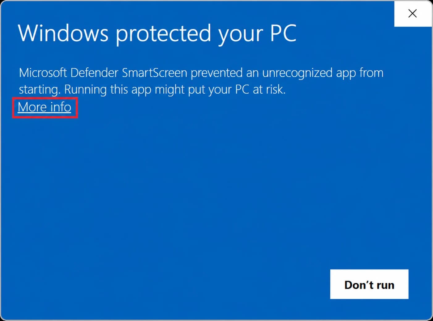 Windows SmartScreen showing the More info link