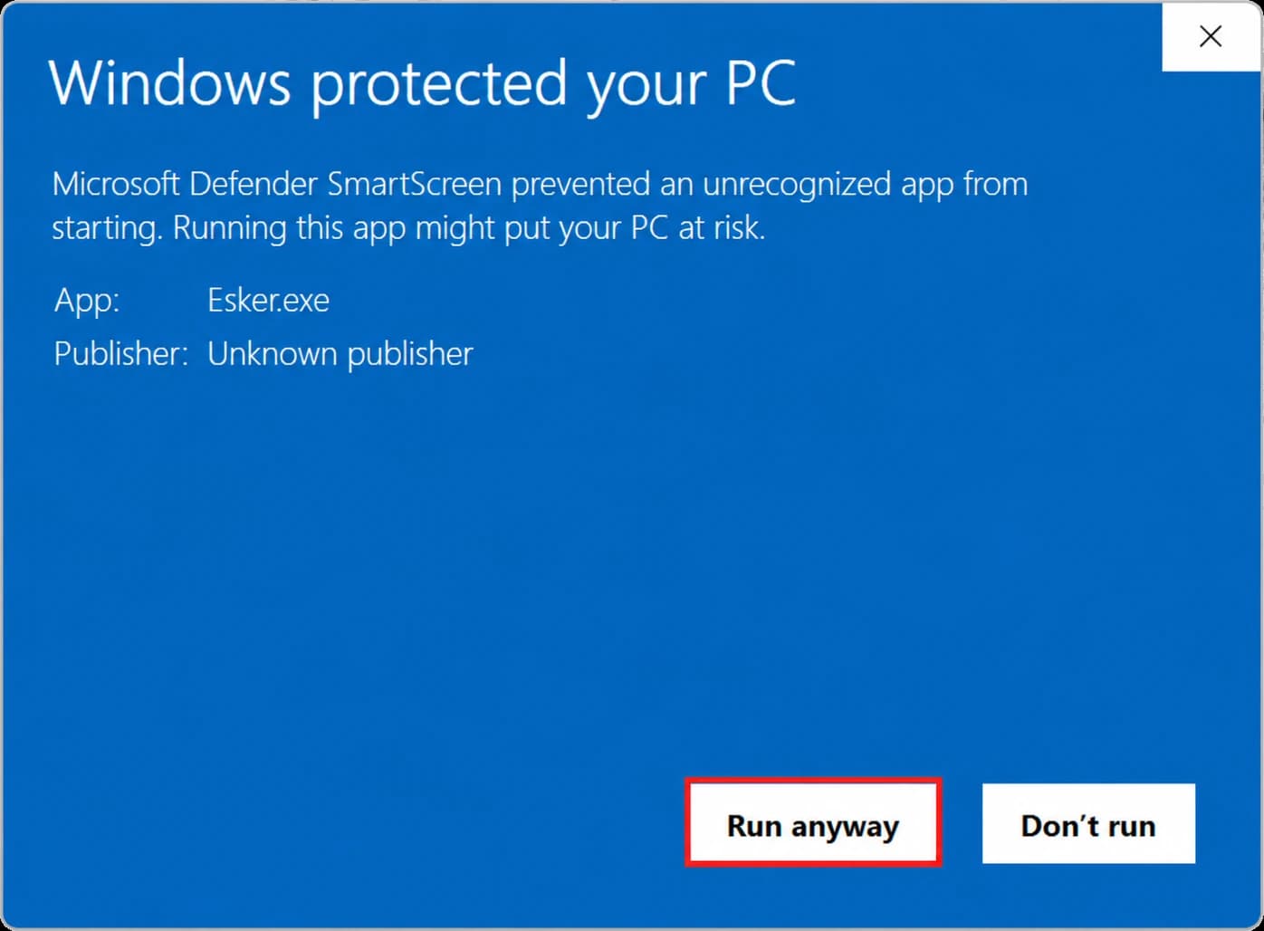 Windows SmartScreen showing the Run anyway button for EchoesOfEsker.exe
